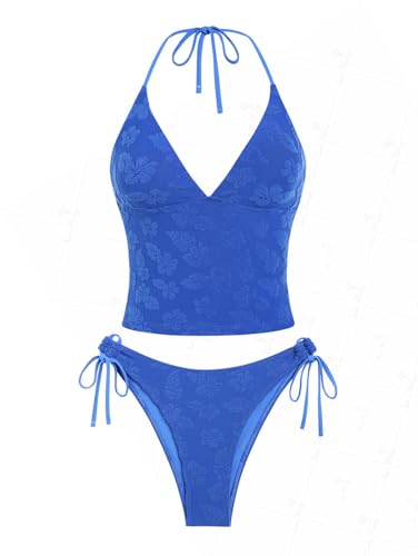 seamoly Tankini-Set mit Blumenblättern, Neckholder, Tank-Stil, volle Abdeckung, Bikini-Set, Blau 06, Medium von seamoly