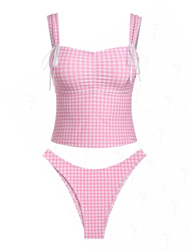 seamoly Tankini-Set mit Blumenblättern, Neckholder, Tank-Stil, volle Abdeckung, Bikini-Set, Hellrosa, Größe 02, Medium von seamoly