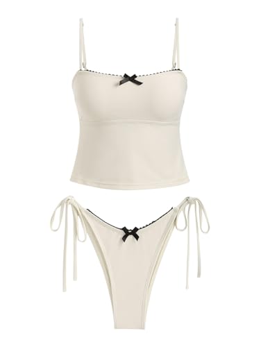 seamoly Tankini-Set mit Blumenblättern, Neckholder, Tank-Stil, volle Abdeckung, Bikini-Set, Kristallcreme, XS von seamoly