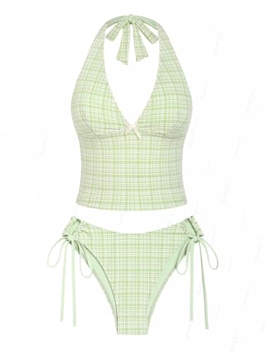 seamoly Tankini-Set mit Gingham-Schleife und Neckholder, schickes Neckholder-Set von seamoly