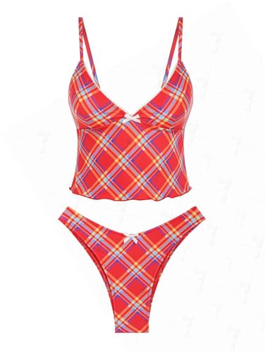 seamoly Tankini-Set mit kontrastierender Einfassung, Gingham-Schleife, zum Binden an der Seite, Rot/Ausflug, einfarbig (Getaway Solids), S von seamoly