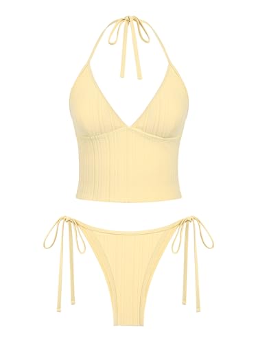 seamoly Tankini-Set mit rotem Gingham-Blumendruck, Neckholder, seitlich gebunden, Gelb-03, Medium von seamoly