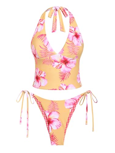 seamoly Tankini-Set mit rotem Gingham-Blumendruck, Neckholder, seitlich gebunden, Gelb - 05, S von seamoly