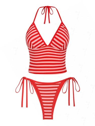 seamoly Tankini-Set mit rotem Gingham-Blumendruck, Neckholder, seitlich gebunden, Rot-07, Medium von seamoly