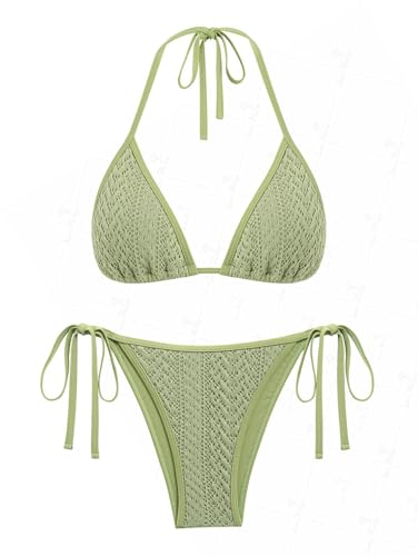 seamoly Triangel-Bikini-Set mit seitlichem Blumenmuster, gesmokt, gerafft, Hellgrün-06, Large von seamoly