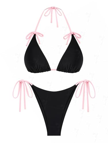 seamoly Triangel-Bikini-Set mit seitlichem Blumenmuster, gesmokt, gerafft, Schwarz-05, Medium von seamoly