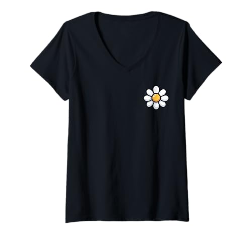 Damen Klassisches marineblaues gepunktetes gelb-weißes Gänseblümchen-Boho-Chic-Design T-Shirt mit V-Ausschnitt Damen Klassisches marineblaues gepunktetes gelb-weißes Gänseblümchen-Boho-Chic-Design T-Shirt mit V-Ausschnitt von sean jaxx's design