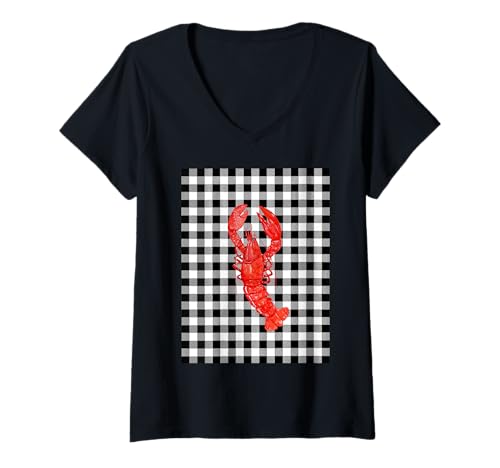 Damen Kleiner Hummer an der Küste des Atlantiks, schwarz mit Karomuster T-Shirt mit V-Ausschnitt Damen Kleiner Hummer an der Küste des Atlantiks, schwarz mit Karomuster T-Shirt mit V-Ausschnitt von sean jaxx's design