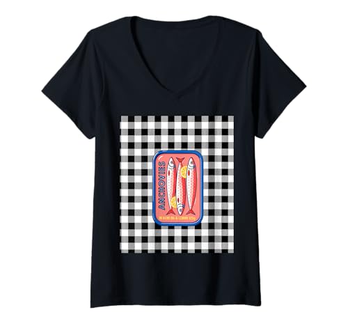 Damen Mini-Fisch mit Gingham-Karomuster, mediterraner Küsten-Sardine, Schwarz T-Shirt mit V-Ausschnitt Damen Mini-Fisch mit Gingham-Karomuster, mediterraner Küsten-Sardine, Schwarz T-Shirt mit V-Ausschnitt von sean jaxx's design