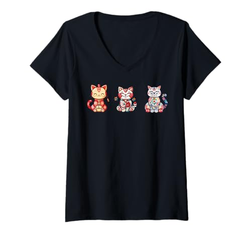 Damen Niedliche asiatische Katzenkunst, lächelnde Katze, Anime-inspiriertes Design T-Shirt mit V-Ausschnitt Damen Niedliche asiatische Katzenkunst, lächelnde Katze, Anime-inspiriertes Design T-Shirt mit V-Ausschnitt von sean jaxx's design