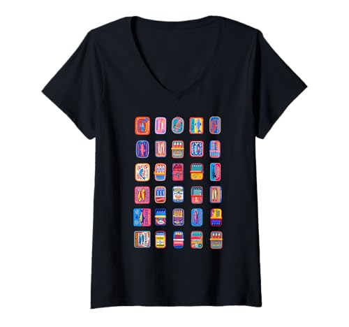 Damen Retro Sardine Blechkunst Vintage Sommer ästhetisch mediterran T-Shirt mit V-Ausschnitt Damen Retro Sardine Blechkunst Vintage Sommer ästhetisch mediterran T-Shirt mit V-Ausschnitt von sean jaxx's design