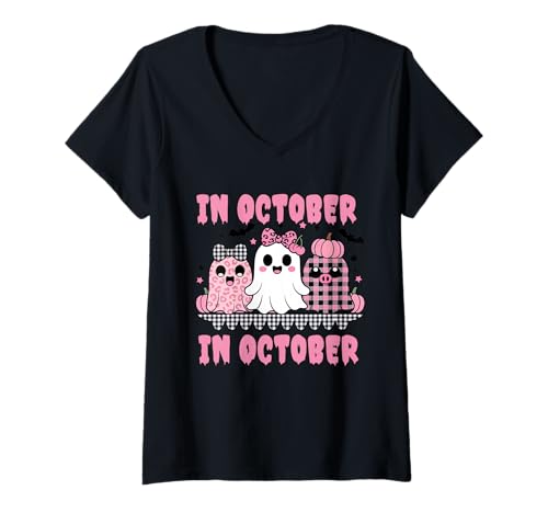 Damen Süßes rosa Gingham im Oktober I Wear Halloween Pink Ghost T-Shirt mit V-Ausschnitt Damen Süßes rosa Gingham im Oktober I Wear Halloween Pink Ghost T-Shirt mit V-Ausschnitt von sean jaxx's design
