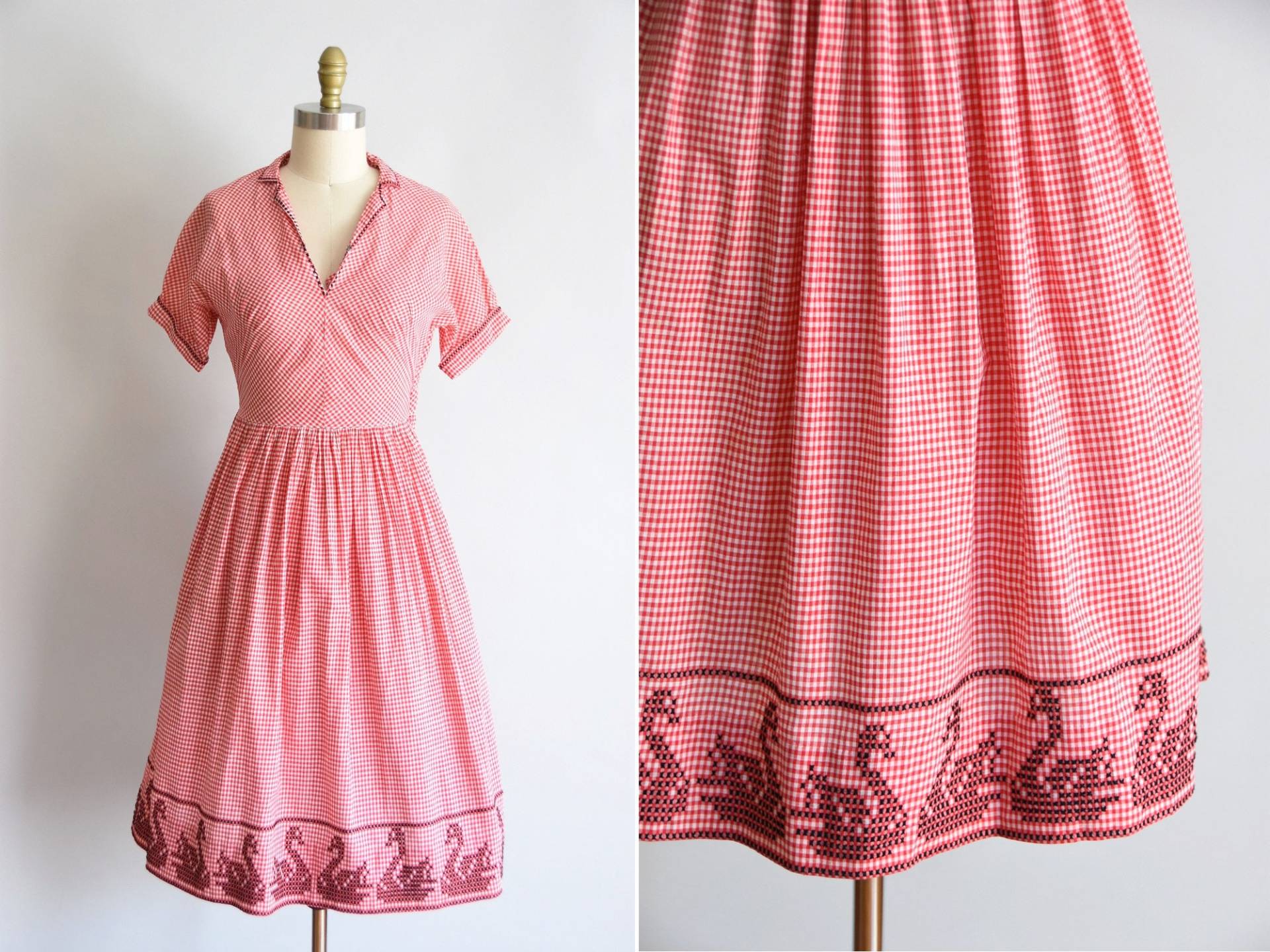 1950Er Black Swan Kleid/Vintage 50Er Jahre Neuheit Baumwollrock Tageskleid von seaofvintage