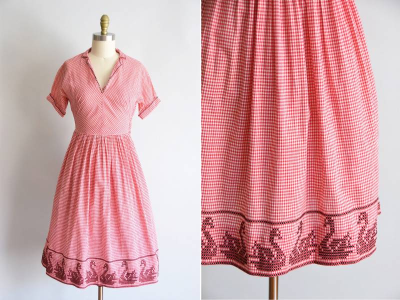 1950Er Black Swan Kleid/Vintage 50Er Jahre Neuheit Baumwollrock Tageskleid von seaofvintage