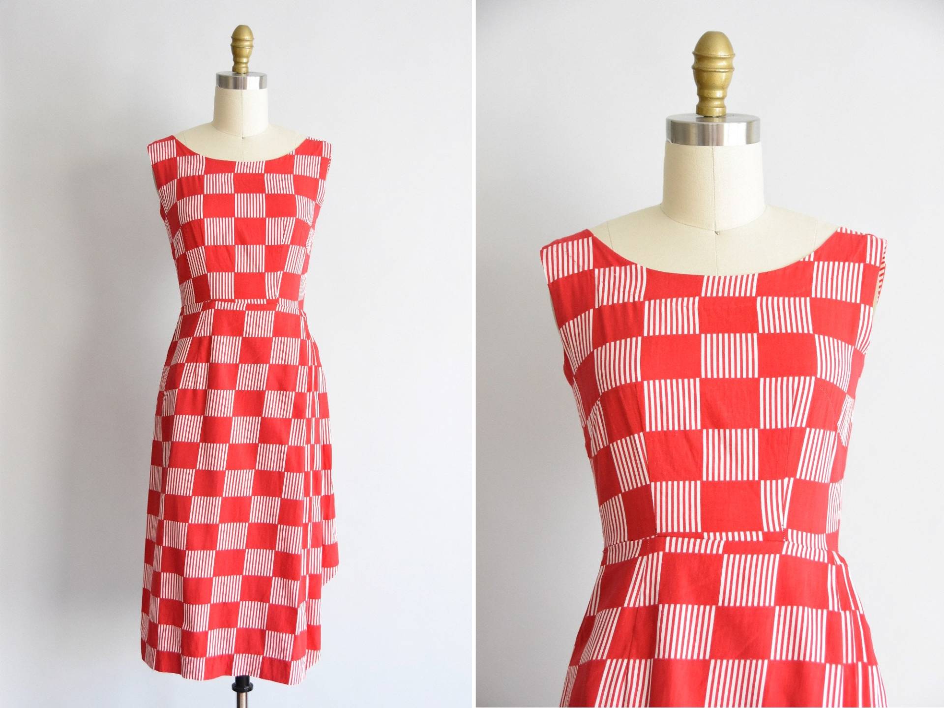 1950Er Jahre Boxed Wine Kleid/ Vintage 50Er Baumwollkleid/ Rot & Weiß Gestreiftes Tageskleid von seaofvintage