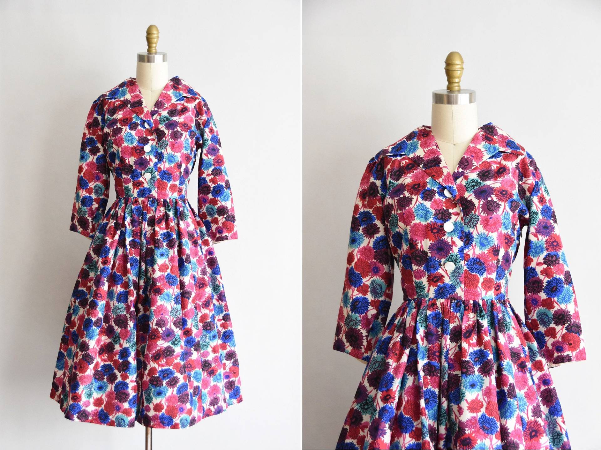 1950Er Jahre Brilliant Bud Kleid/Vintage 50Er Florales Tageskleid Leuchtendes Seidenkleid von seaofvintage