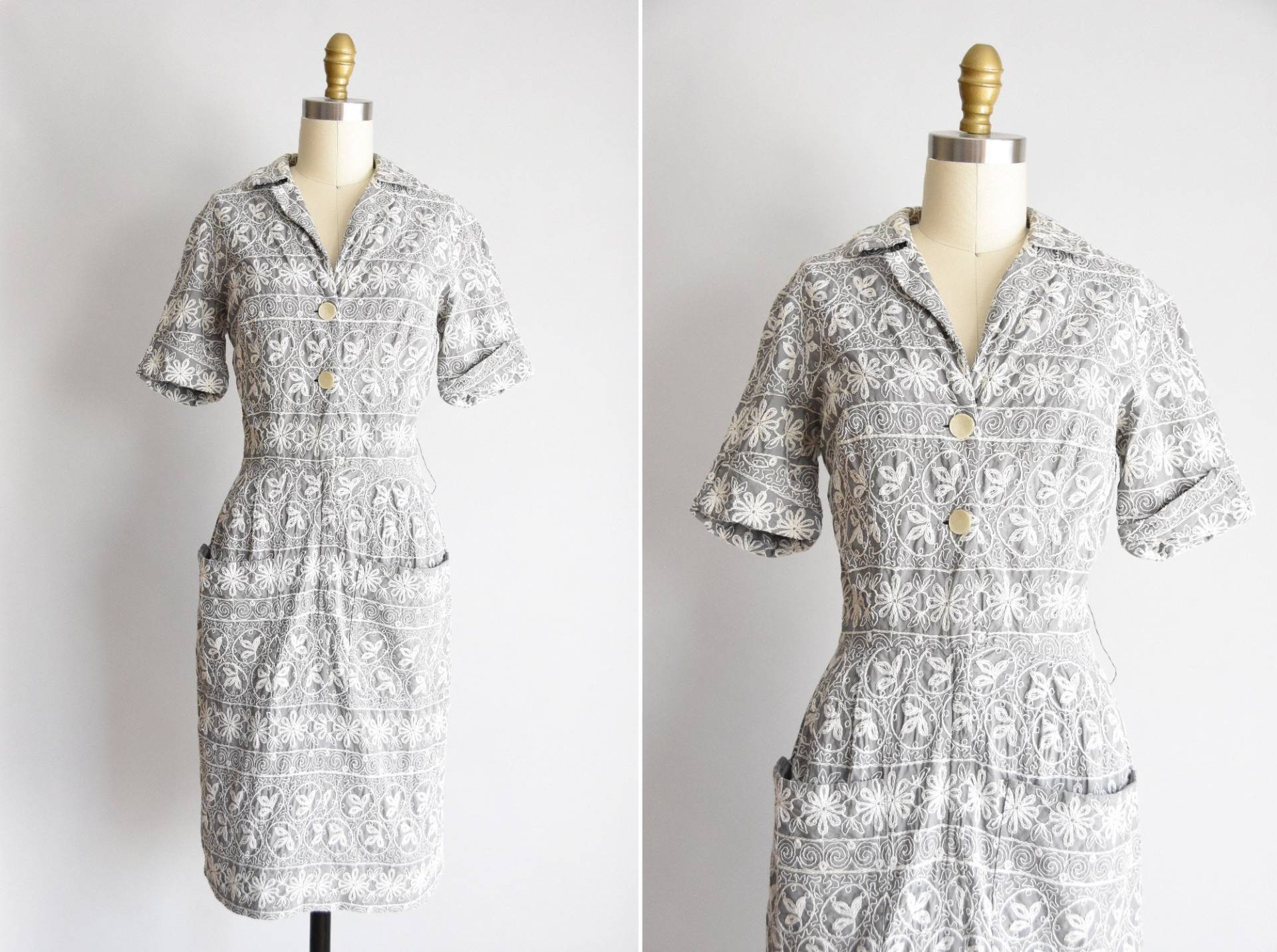 1950Er Jahre Graues Himmelblüten Kleid/ Vintage 50Er Baumwoll Tageskleid/Sir James Besticktes Kleid von seaofvintage