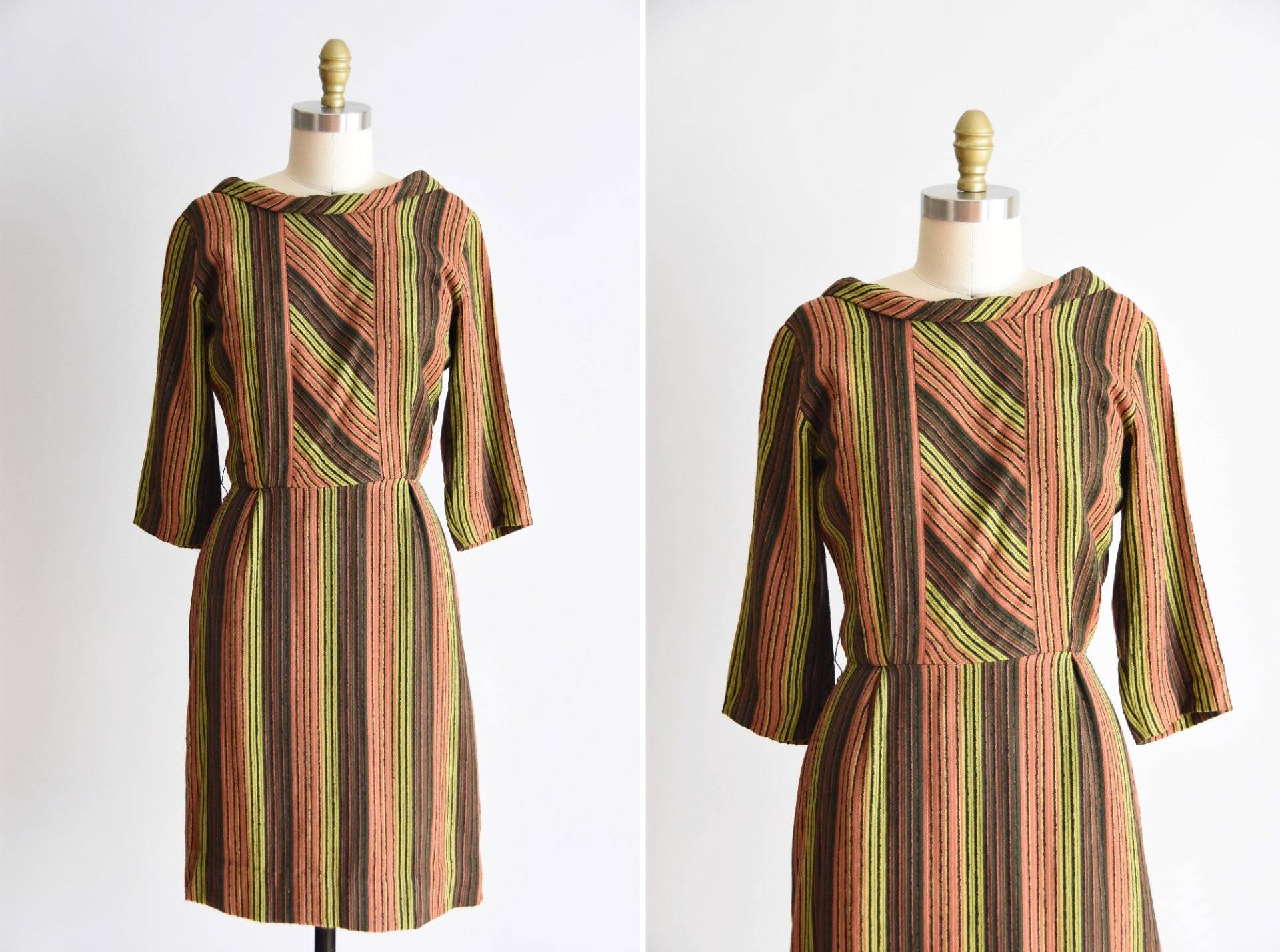 1950S Citrus Garden Kleid/ Vintage 50Er Jahre Wollkleid/Wollstreifen Tageskleid von seaofvintage