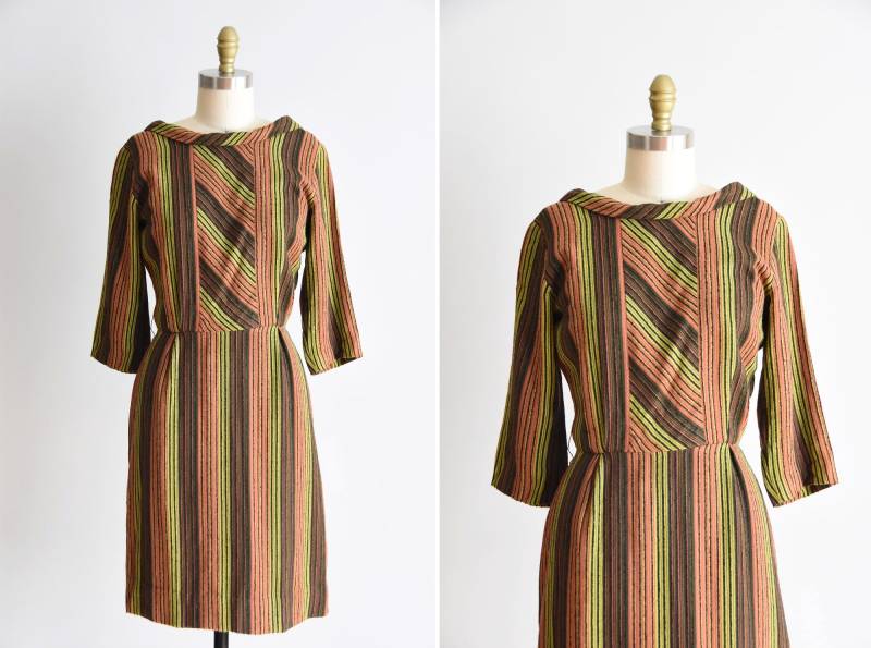 1950S Citrus Garden Kleid/ Vintage 50Er Jahre Wollkleid/Wollstreifen Tageskleid von seaofvintage