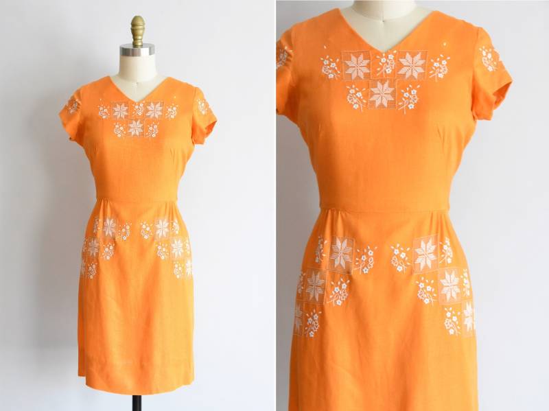 1950S Happy Place Kleid/Vintage 50Er Leinen Tageskleid Lyda's Fashions Besticktes von seaofvintage