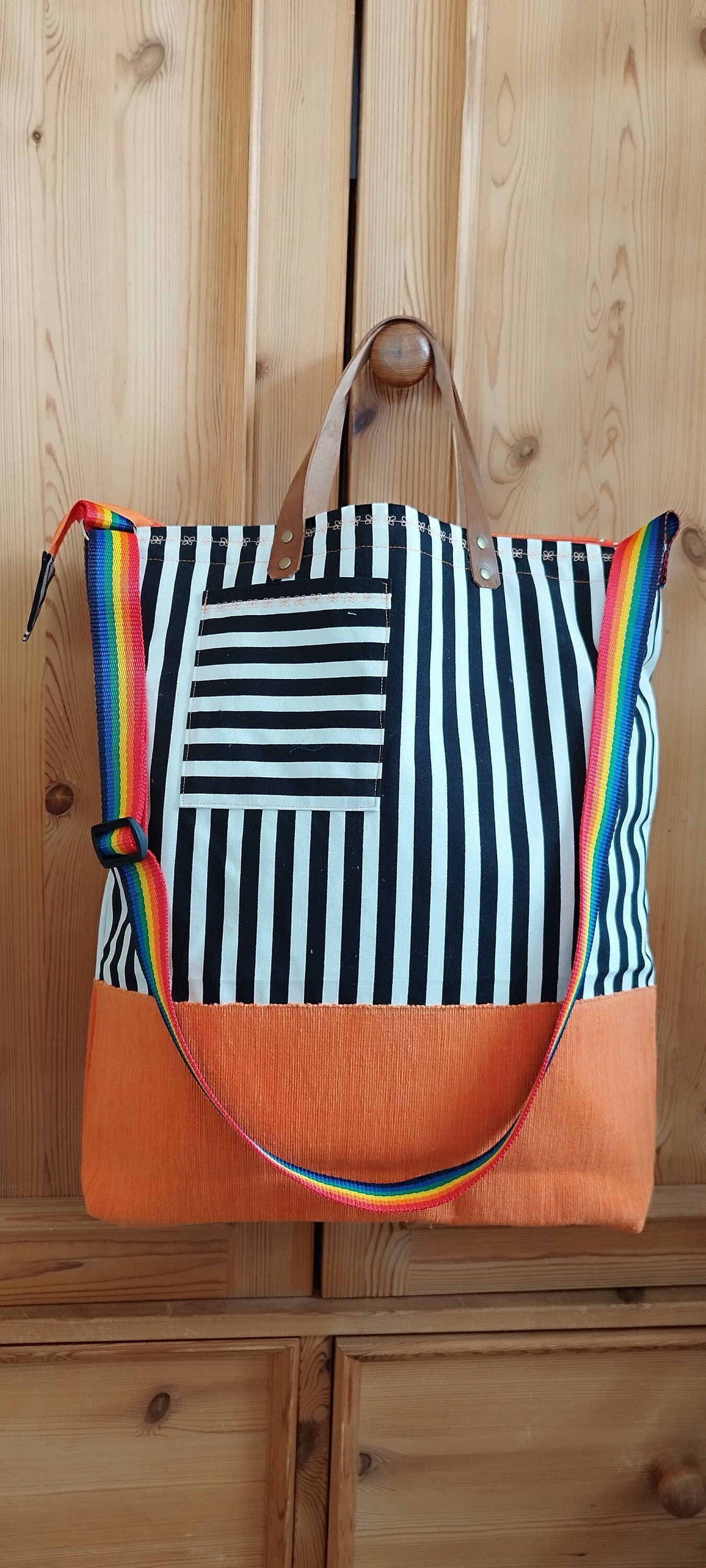 Bag With A Rainbow Streipe/Upcycled Tote Stripe Collection Unique Book Patchwork Upcycling Easter Gift von secondstorry
