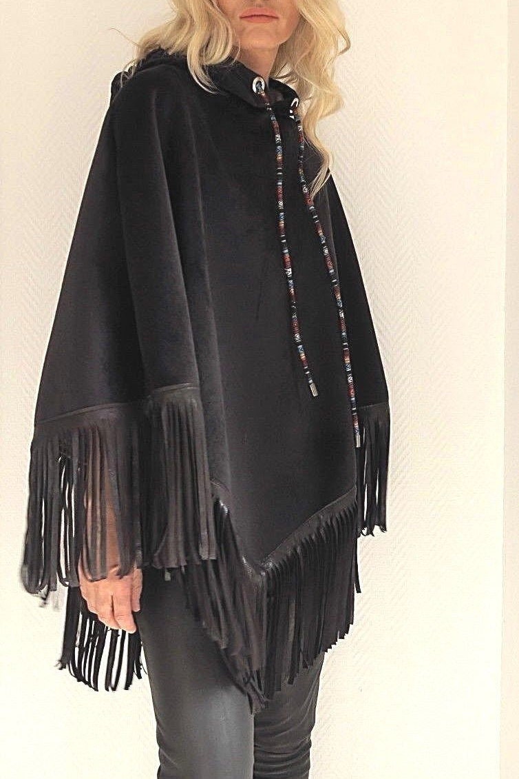 Lederfransen Poncho, Poncho Aus Samt in Nachtblau, Dunkelblau, Cape Mit Fransen Für Damen von secretofstyle