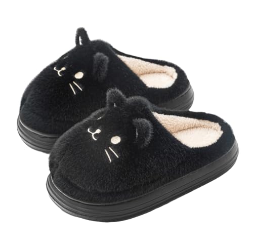seemehappy Süße flauschige Katzen-Hausschuhe, gemütliche Hausschuhe, rutschfeste Hausschuhe für Damen und Herren, Indoor- und Outdoor-Schuhe, Schwarz, 8-9 von seemehappy