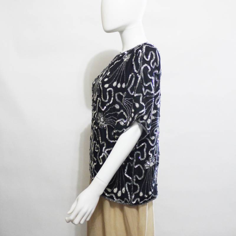 Pailletten Und Perlen Seidenbluse. Schwarz-Silber Seiden Top. Party Glitzer Top Pailletten Und Perlen Seidenbluse. Schwarz-Silber Seiden Top. Party Glitzer Top von seesong