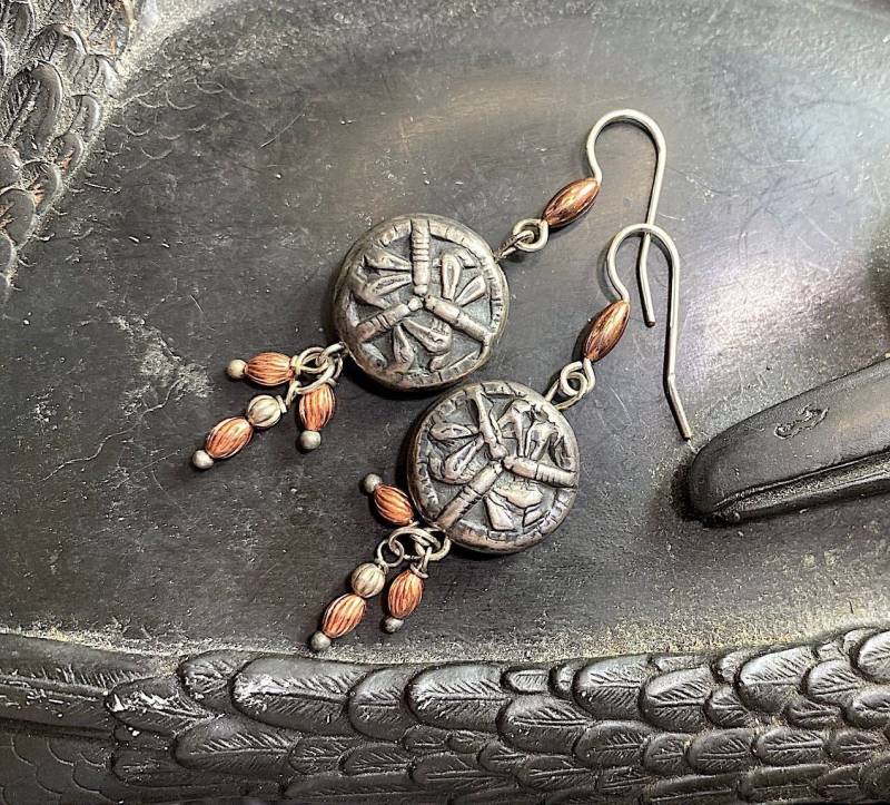 Doppelseitige Silber Und Kupfer Libellen Ohrringe, Tigerstreifen Auf Der Rückseite. Handgefertigte Silberperlen, 2B-09 von seespotrun5