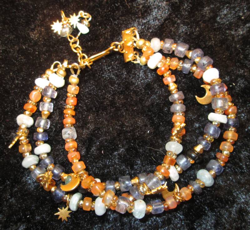 Handgemachtes 14K Gold Stern Und Mond 3 Strang Armband Mit Azur Karmin von seespotrun5