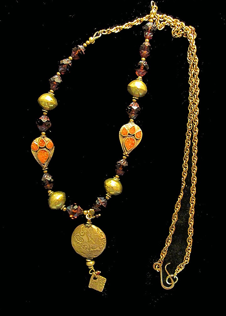 Sonderpreis Handgemachte Bronze Und Messing Perlen Anhänger Halskette Mit Kranichen Pfote Print Bernstein Glasperlen von seespotrun5