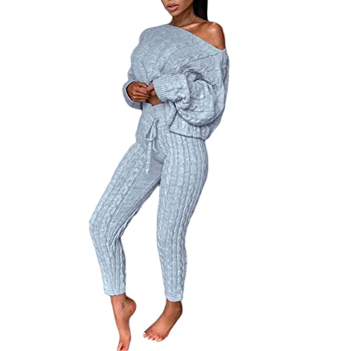 seiveini 2 Teilers Damen Strickpullover Set Langarm + Lange Hose 2 Stück Sport Outfit Hosenanzug Casual Strickanzug Chic High Waist Hosen Slim Fit Damen Pulli Anzug A Grau S von seiveini