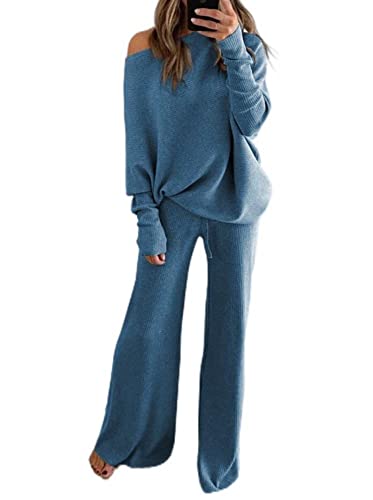 seiveini 2 Teilers Damen Strickpullover Set Langarm + Lange Hose 2 Stück Sport Outfit Hosenanzug Casual Strickanzug Chic High Waist Hosen Weites Bein Gerade B Blau XXL von seiveini