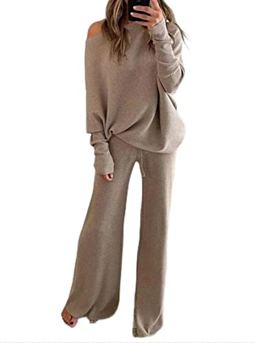 seiveini 2 Teilers Damen Strickpullover Set Langarm + Lange Hose 2 Stück Sport Outfit Hosenanzug Casual Strickanzug Chic High Waist Hosen Weites Bein Gerade B Khaki L von seiveini