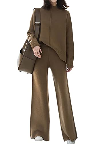 seiveini 2 Teilers Damen Strickpullover Set Langarm + Lange Hose 2 Stück Sport Outfit Hosenanzug Casual Strickanzug Chic High Waist Hosen Weites Bein Gerade D Braun S von seiveini