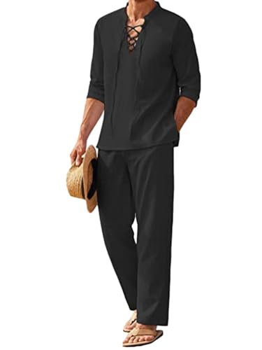 seiveini 2-Teiliges Herren Sommer Leinen Freizeitanzug Leinenhemd und Leinenhose Strand Anzug Männer Pyjama Set C Schwarz L von seiveini