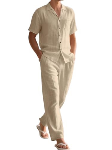 seiveini 2-Teiliges Herren Sommer Leinen Freizeitanzug Leinenhemd und Leinenhose Strand Anzug Männer Pyjama Set D Khaki L von seiveini