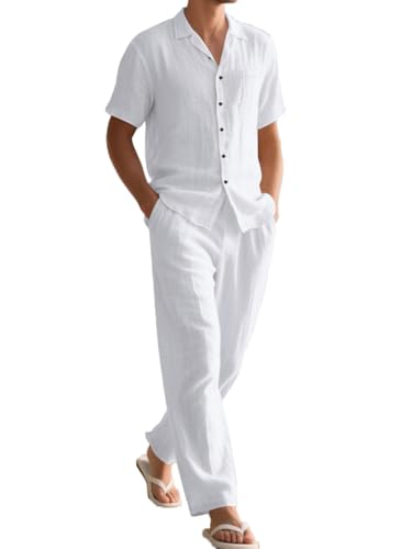 seiveini 2-Teiliges Herren Sommer Leinen Freizeitanzug Leinenhemd und Leinenhose Strand Anzug Männer Pyjama Set D Weiß L von seiveini