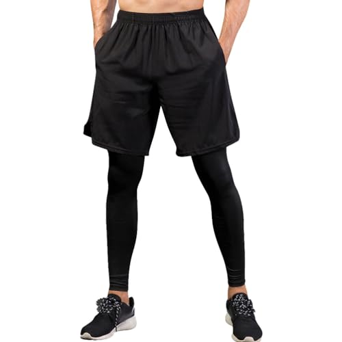 seiveini 2 in 1 Kompressionshosen Herren Sport Quick Dry 2 In 1 Kompression Laufhose mit Shorts Männer Athletic Running Training Fitness Shorts Hosen Gym Workout A Schwarz XL von seiveini