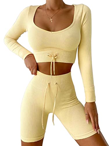 seiveini 2-teiliges Damen Langarm Trainingsset Nahtloses Oberteil mit Kordelzug und Gerippte Leggings Hohe Taille Sportanzug Jogginganzug Lässiges Outfit Trainingsanzug A Gelb L von seiveini