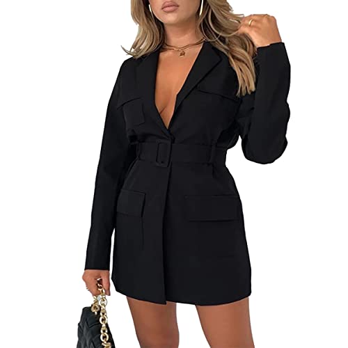 seiveini Blazerkleid Damen Sexy Blazer Elegant Lang Tailliert V-Ausschnitt Mode Slim Fit Minikleid Langarm Business Enges Kleid Bodycon Anzug mit Gürtel Einfarbig Blusenkleider A Schwarz L von seiveini