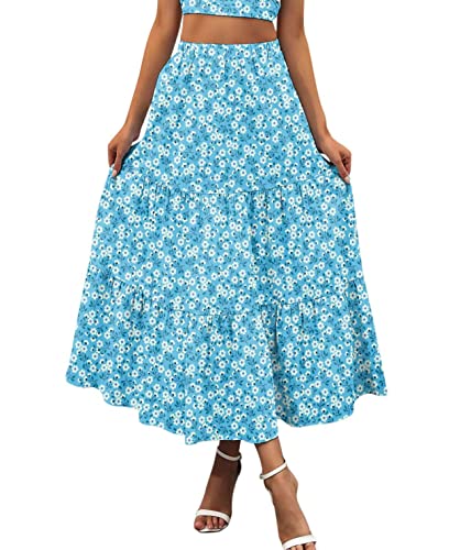 seiveini Blumen Rock Damen Lang Rock Boho Blumen Midirock A-Linie mit Riemen Strand Rock Chic Hohe Taille Rock Lang Sommer Vintage A Blau XXL von seiveini