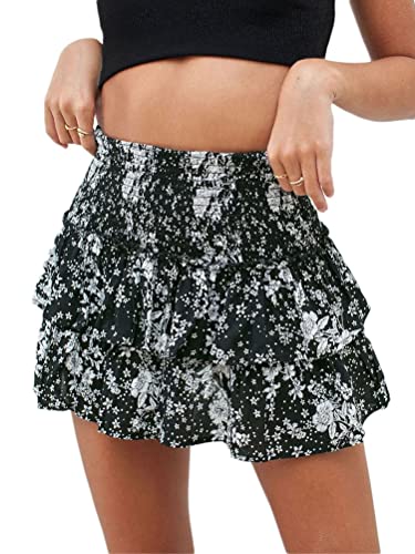 seiveini Sommerrock Damen Kurz Rock Hohe Taille Blumenrock Mit Rüschen Boho Röcke Plissee Floral Druck Faltenrock A-Line Elastischer Bund A Grau M von seiveini