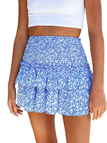 seiveini Blumenrock Damen Sommer Kurz Rock A-Linie Elegant Rock Boho mit Rüschen Elastische Taille Faltenrock Saum Tiered Mini Rock Flowy Hohe Taille Strandrock Partyrock A Hellblau S von seiveini