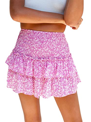 seiveini Blumenrock Damen Sommer Kurz Rock A-Linie Elegant Rock Boho mit Rüschen Elastische Taille Faltenrock Saum Tiered Mini Rock Flowy Hohe Taille Strandrock Partyrock A Rosa XL von seiveini