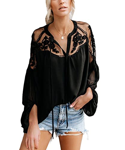seiveini Blusen Spitze Damen Elegant Frühling und Sommer Boho Oberteile Langarm T-Shirt mit Spitze Tops Bluse Tunika Hemd Strickpullover Locker Spitzenbluse Sweatshirt Schwarz XXL von seiveini