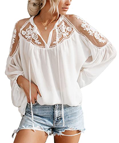 seiveini Blusen Spitze Damen Elegant Frühling und Sommer Boho Oberteile Langarm T-Shirt mit Spitze Tops Bluse Tunika Hemd Strickpullover Locker Spitzenbluse Sweatshirt Weiß XXL von seiveini