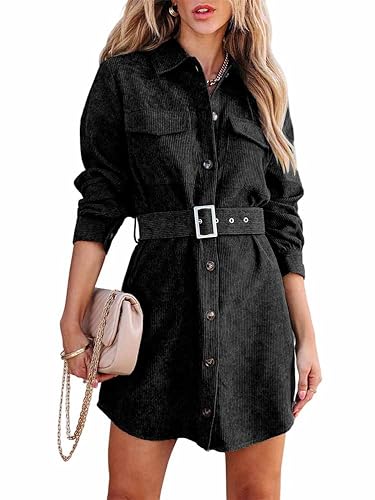 seiveini Blusenkleid Damen Corduroy Hemdkleid mit Gürtel Cordkleid Midi Kleider Frühling Herbst Tunikakleid Shirtkleid A Schwarz L von seiveini