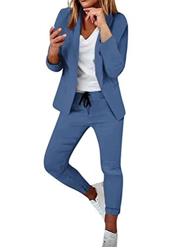 seiveini Business 2-teiliger Anzug Damen Langarm Blazer Anzug Zweiteiler Elegant Hosenanzug Slim Fit Anzugjacke und Anzughose Blazer Set Damen Outfit 2 Stück Chic Mode A Blau S von seiveini