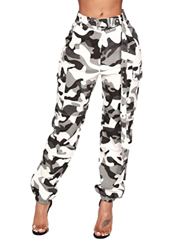 seiveini Camouflage Hosen Damen Lang Sport Jogginghose Sweatshose Hose Camouflage für Frauen Seitentaschen Sporthose Multi Taschen Casual Chic B WeißS von seiveini